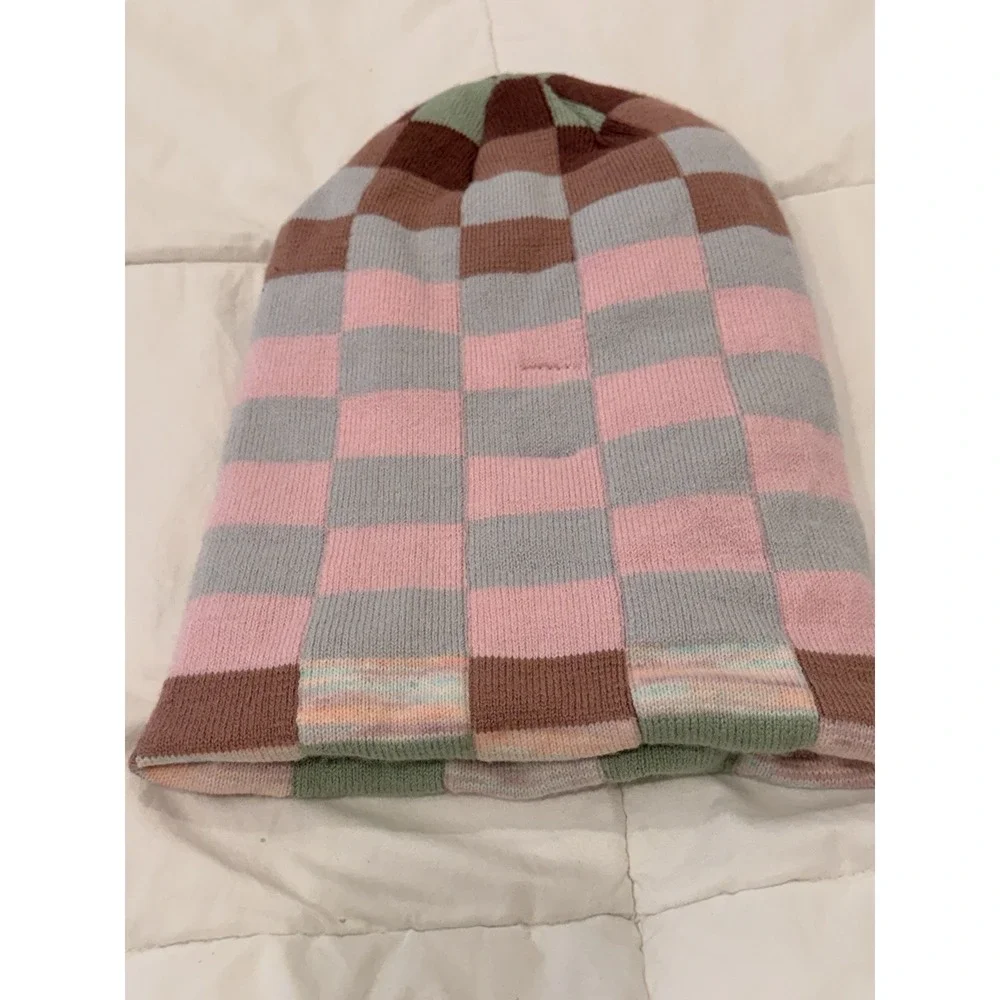 Free People Plaid‎ Knit Beanie Pink Brown Green Y2K Cuffed Hat OS